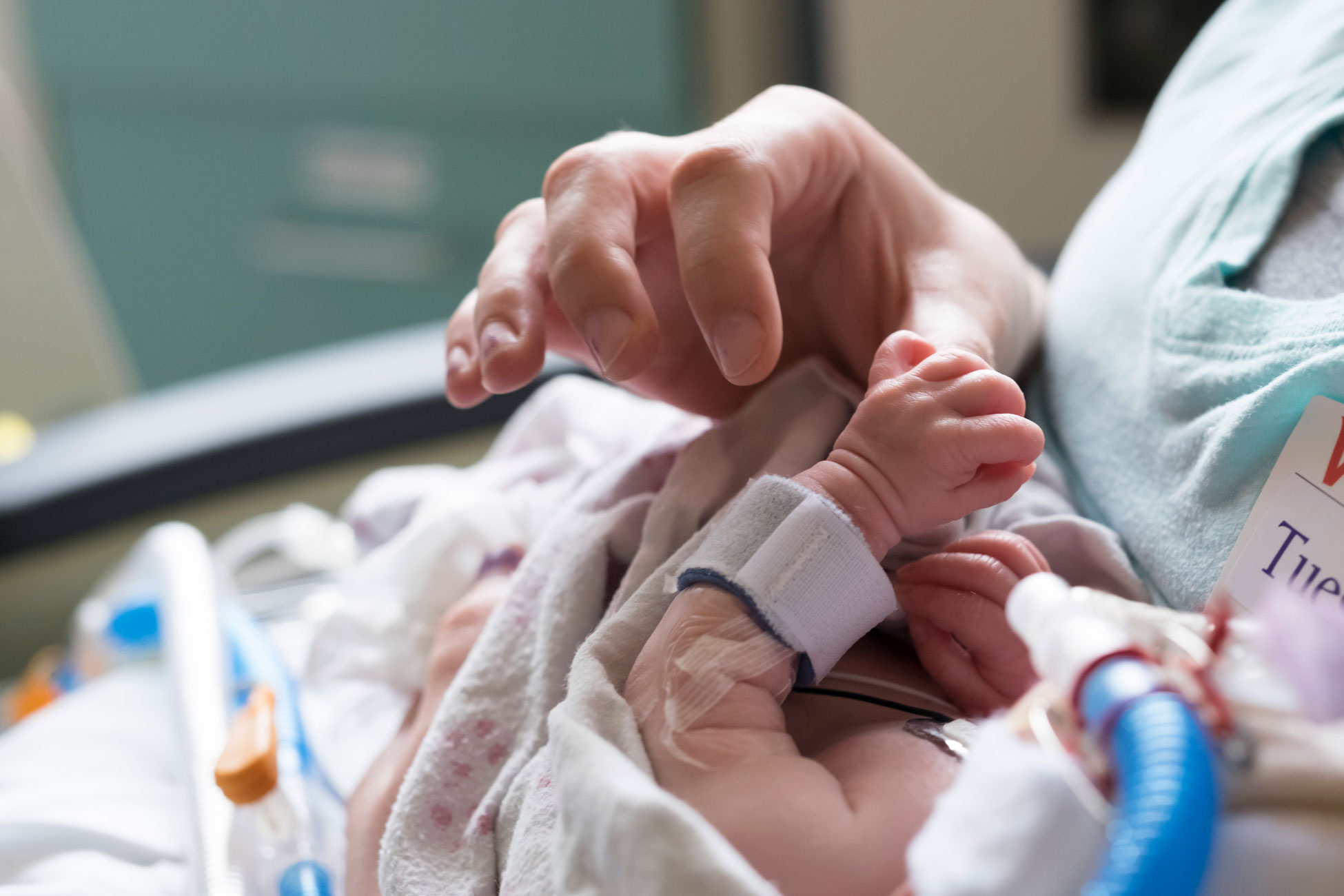 NICU baby holding a mother's thumb