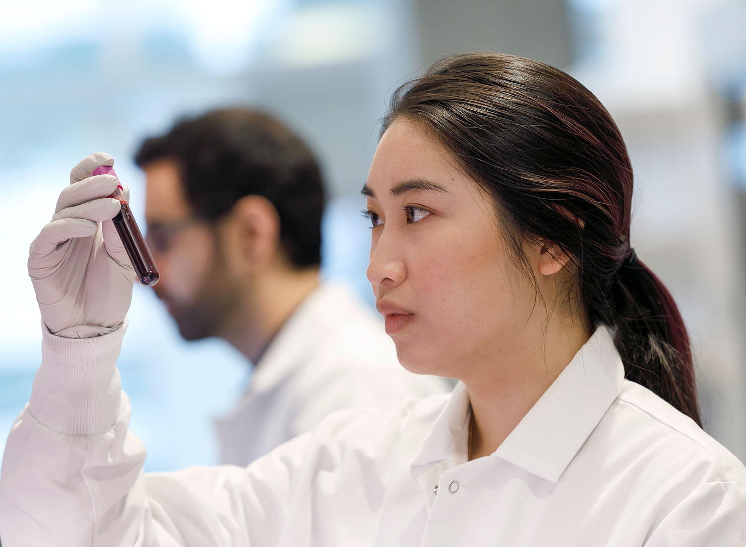Research assistant Jenny Chu looks over blood samples in the lab at OHSU Knight Cancer Institute's Cancer Early Detection Advanced Research