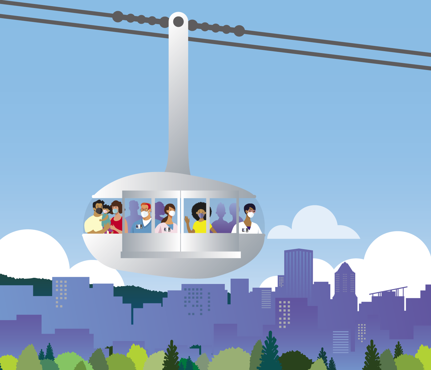 Illustration of people riding the Portland Aerial Tram with skyline in the background