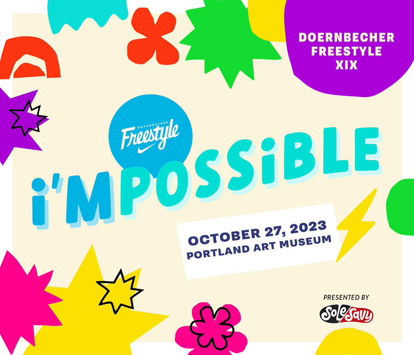 Doernbecher Freestyle i'mpossible graphic with colorful shapes on a butter yellow background