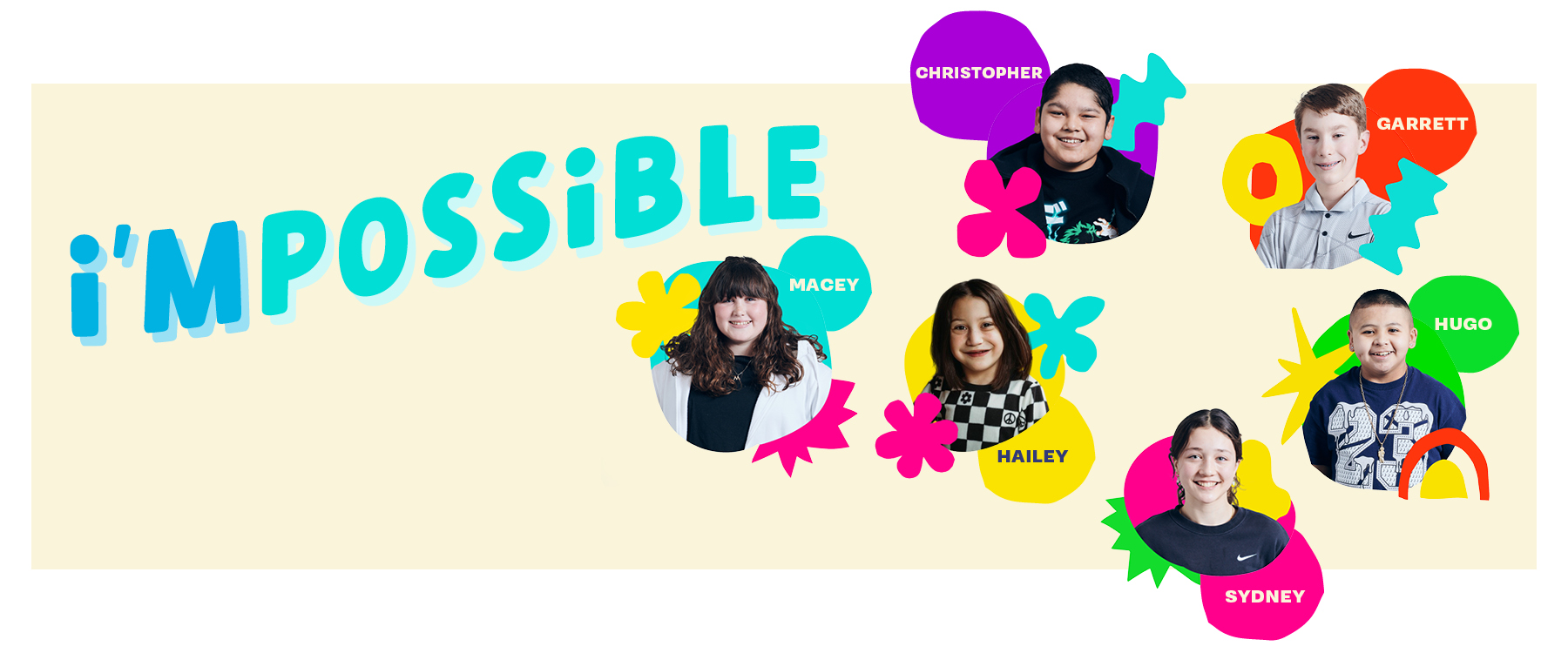 Doernbecher Freestyle "I'mpossible" graphic showing the 6 patient designers with colorful shapes on a butter yellow background