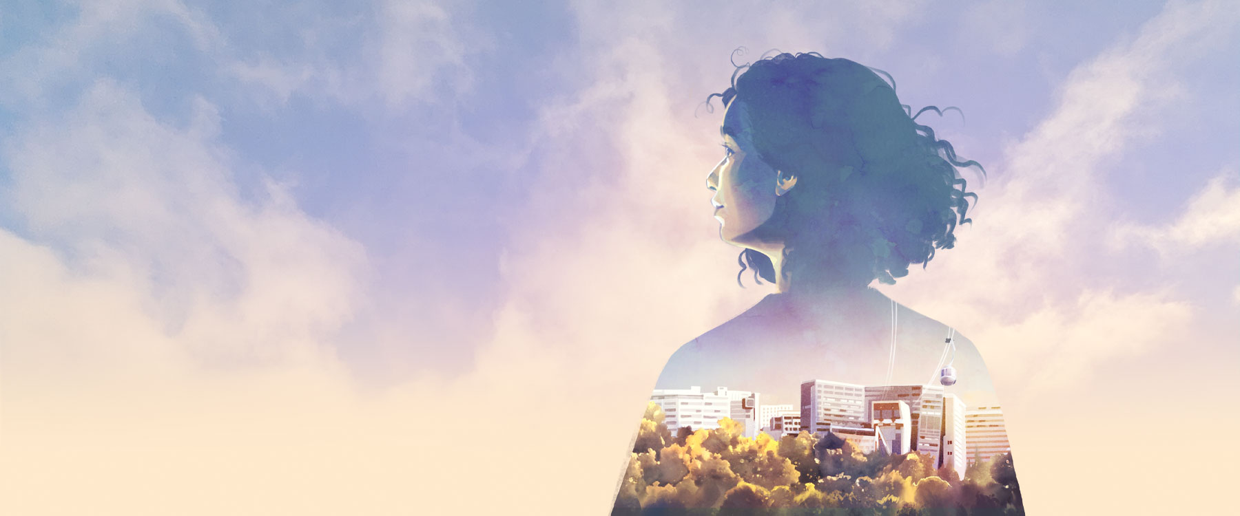 An illustration of a young woman looking into the future with glowing light on the horizon and OHSU's Marquam Hill campus superimposed on her