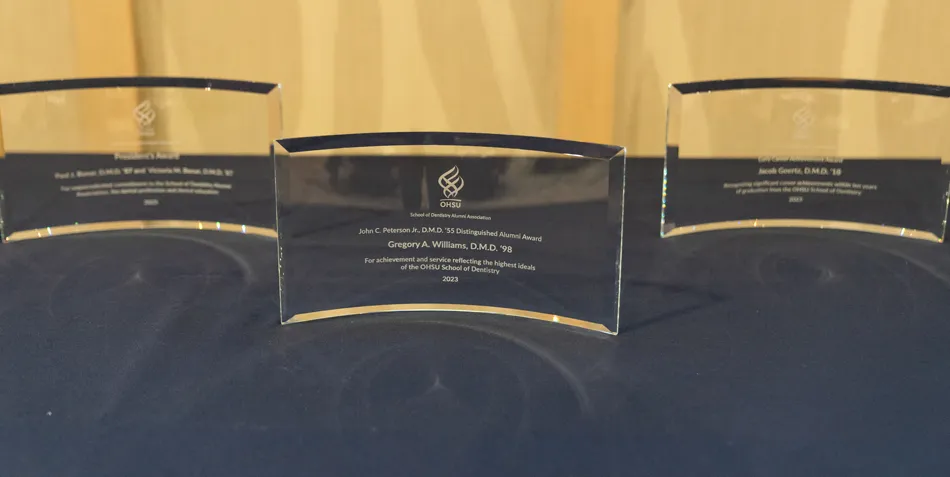 Three engraved glass alumni award plaques.