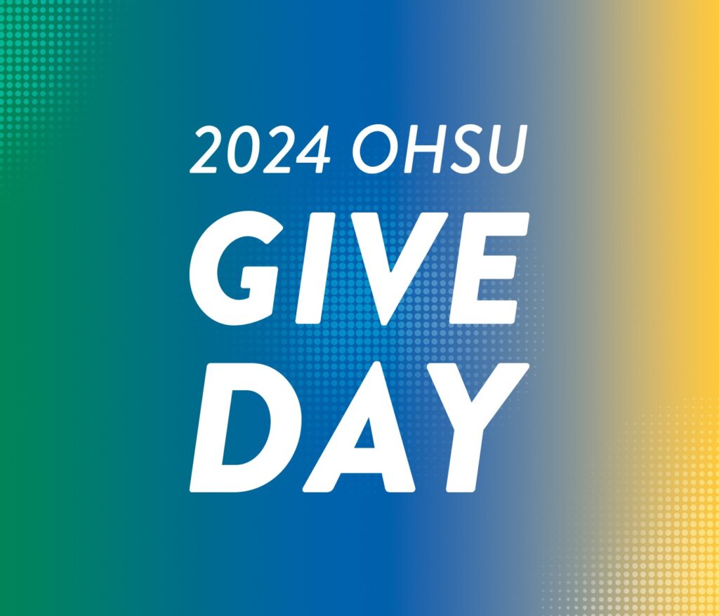 2024 OHSU Give Day graphic with a bright gradient of green-blue-yellows