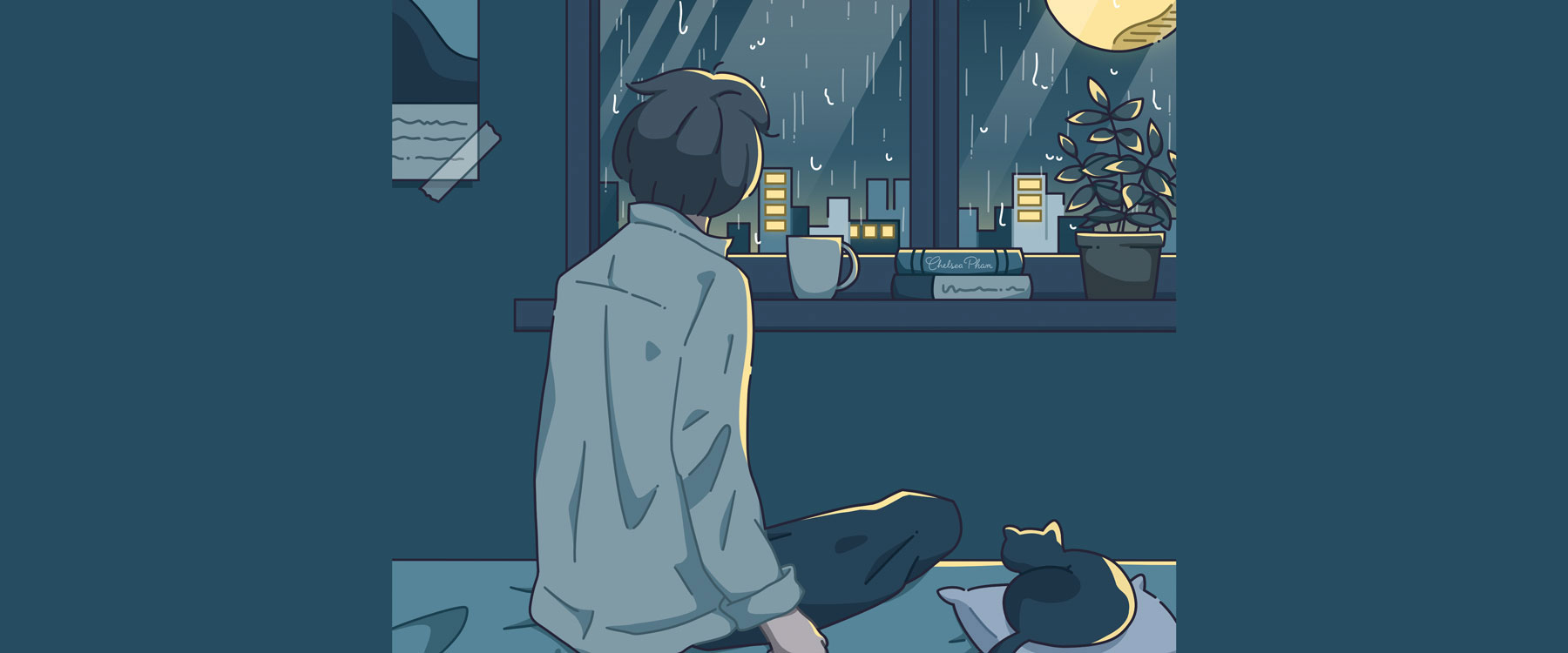 Illustration by Chelsea Pham: a young person looks out the window at a rainy city in the moonlight