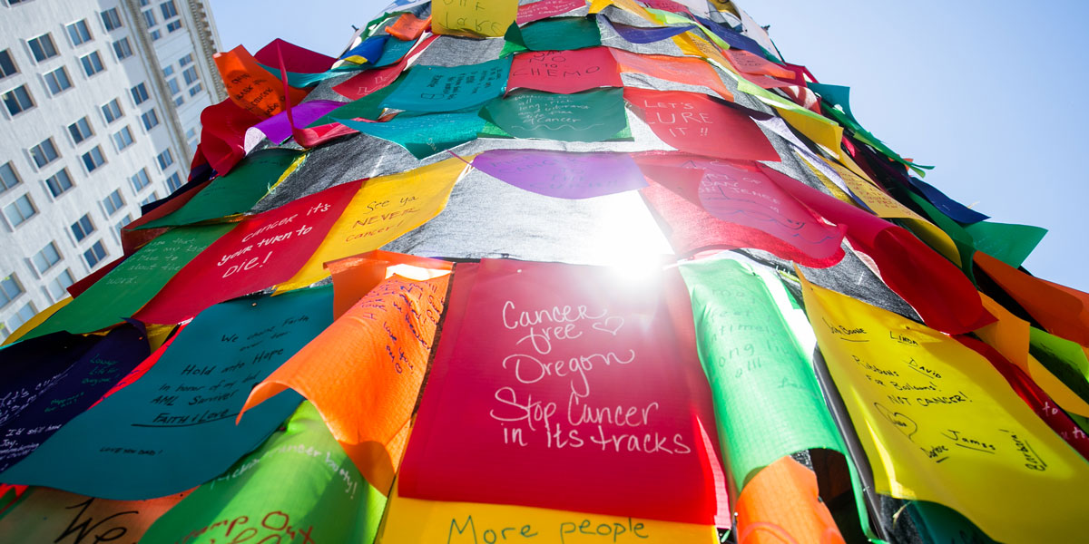 Colorful flags with messages about fighting cancer