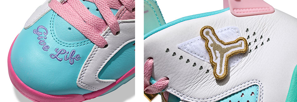 Details in Jillian's shoe design from Doernbecher Freestyle 20 show the words "Give Life" on the toe and a gold Jumpman on the side, with a pattern of heart-shaped perforations surrounding it.