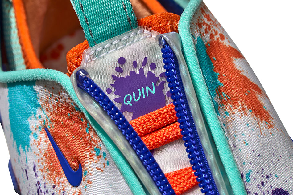 Close-up of Quin's shoe shows splashes of joy and power. 