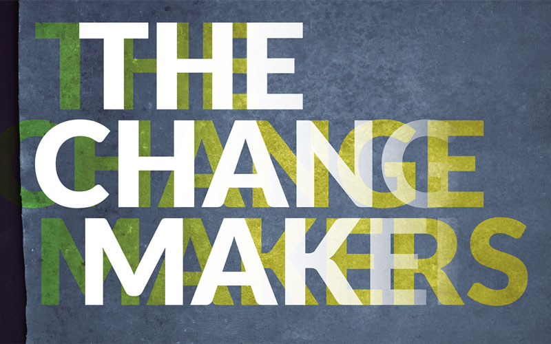 A textured graphic that reads "the change makers"