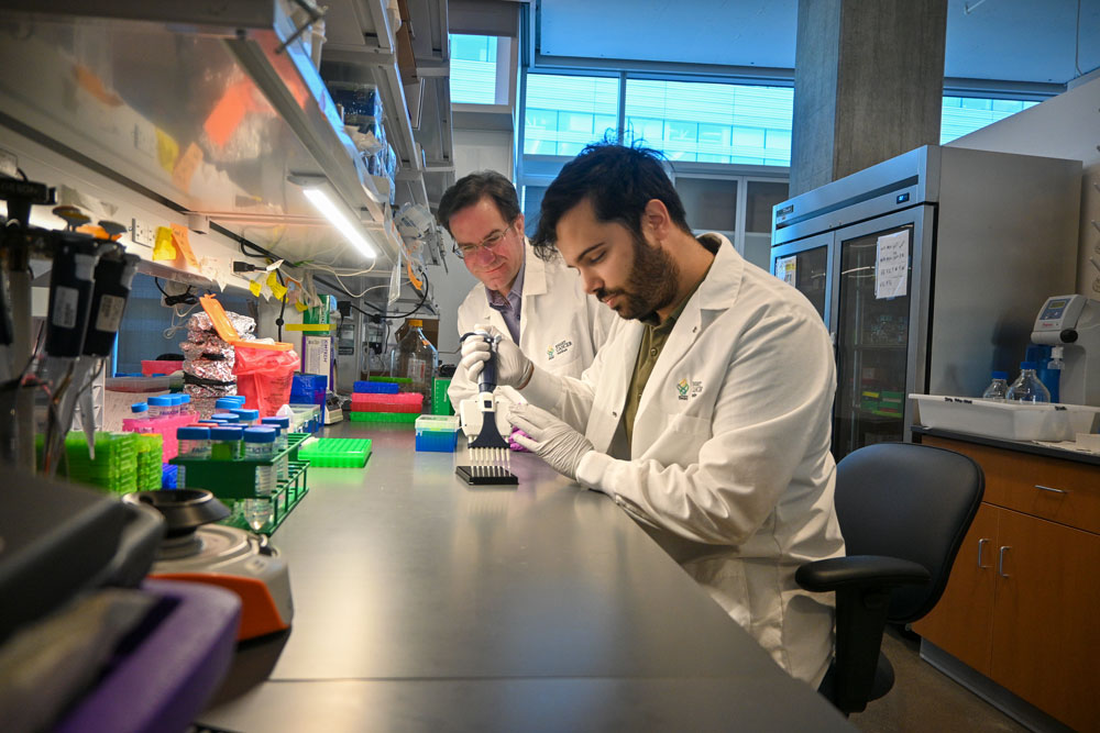 Jared Fischer, Ph.D., left, and Jose Luis Montoya Mira, Ph.D., cancer researchers at OHSU, have developed PAC-MANN, a test that uses a small blood sample to detect changes in protease activity, a key indicator of the most common and deadliest form of pancreatic cancer. (OHSU/Christine Torres Hicks)