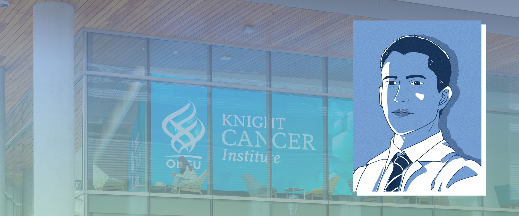 A photo of the Knight Cancer Institute building with an illustration of Luiz Bertassoni