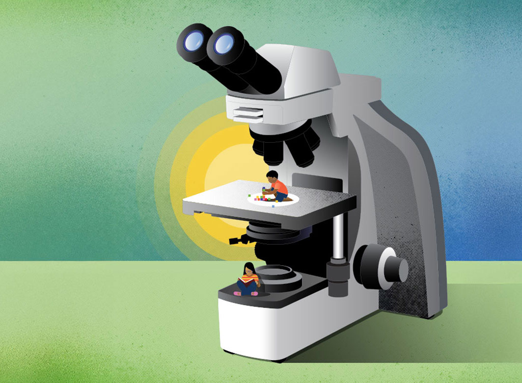 Illustration of a tiny kid playing with marbles on a microscope, and another child reading a book below. By David Sims.