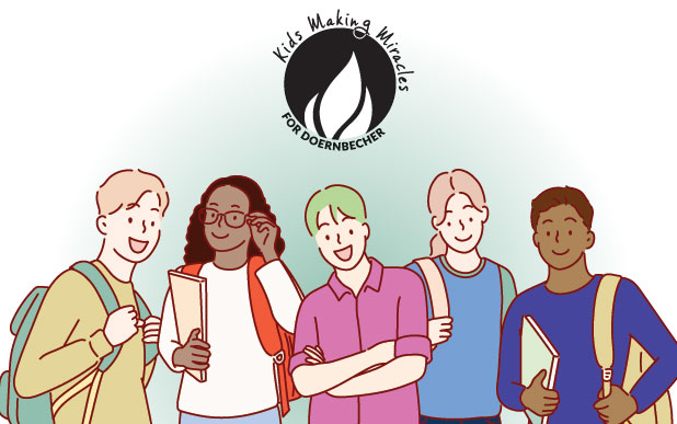 Illustration of students with the Kids Making Miracles logo