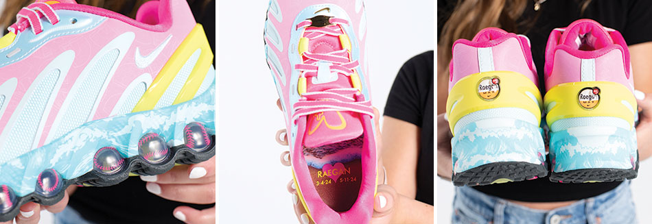 Raegan's shoes include baseballs in the sole
