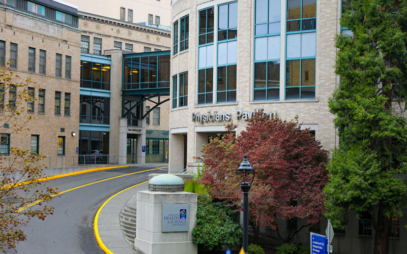 Exterior photo of OHSU's Physicians Pavilion on Marquam Hill