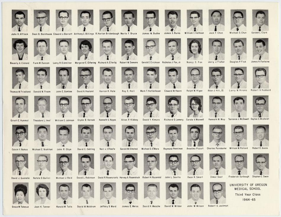 A yearbook photos showing individual portraits of young men and a few young women wearing white coats with the words University of Oregon Medical School, Third Year Class, 1964-65 printed in the bottom corner.