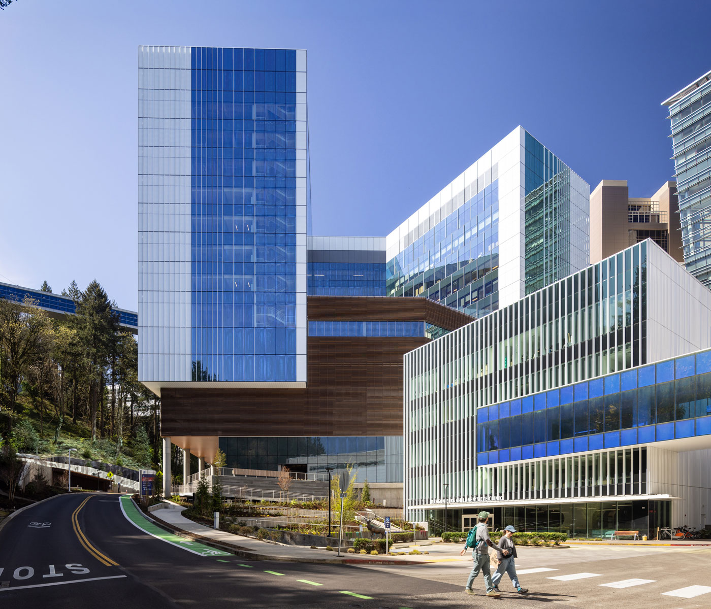 OHSU's new Vista Pavilion on a sunny day, showing the colorful windows of Casey Eye Institute