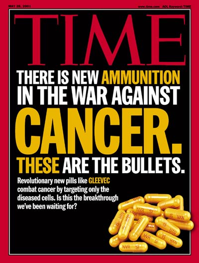 Time Magazine cover reading "There is new ammunition in the war against cancer. There are the bullets. Revolutionary new pills like Gleevec combat cancer by targeting only the diseased cells. Is this the breakthrough we've been waiting for?"
