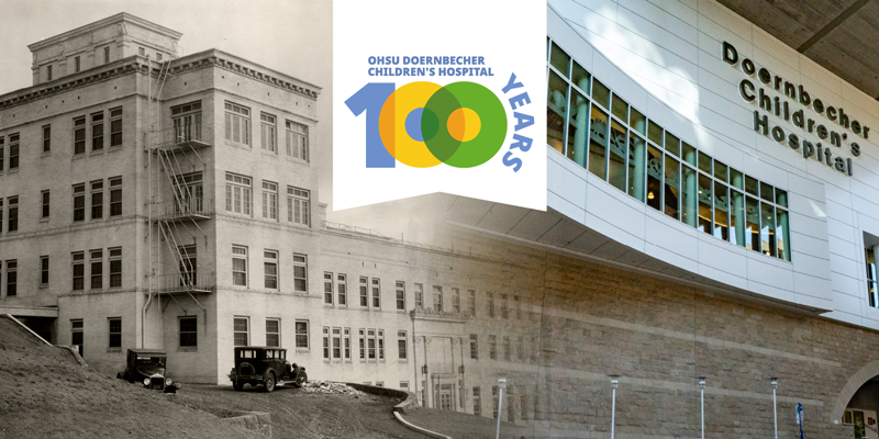 composite image of the original Doernbecher Children's Hospital and today's hospital