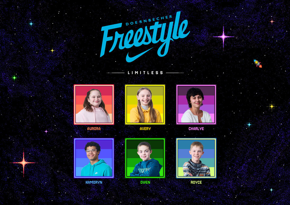 Doernbecher Freestyle 22 designers' faces over a retro space gaming background 