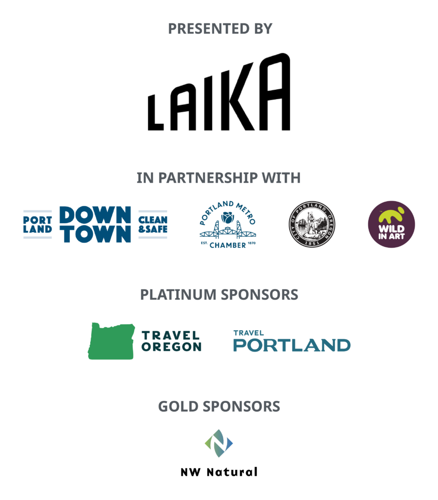 Logos of sponsors of Wildwood: Follow the Crows. Presented by Laika, in partnership with Portland Downtown Clean & Safe, Portland Metro Chamber, City of Portland, Wild in Art; Platinum sponsors Travel Oregon and Travel Portland, Gold sponsor NW Natural