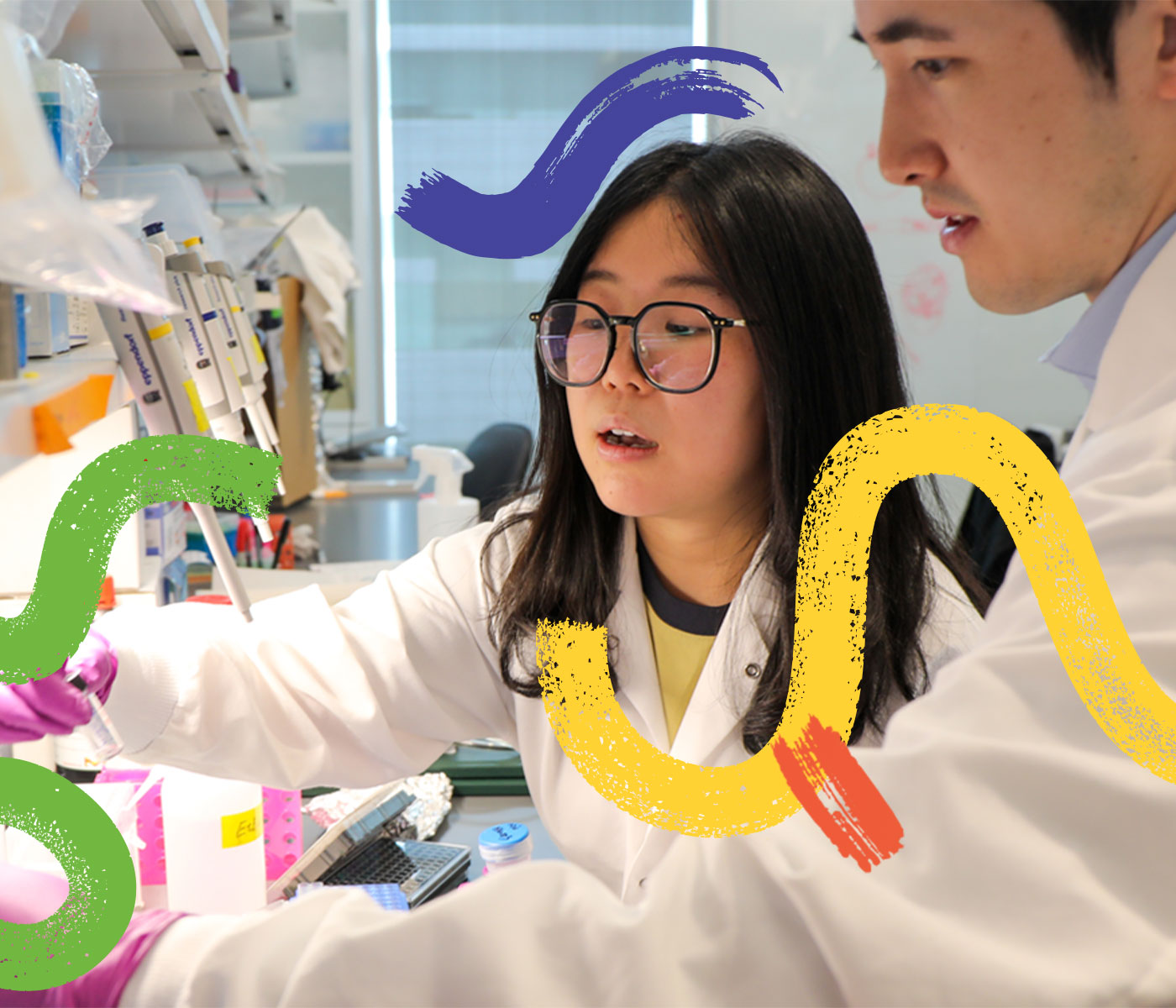 Two researchers working in a lab, with colorful squiggle shapes painted over the image