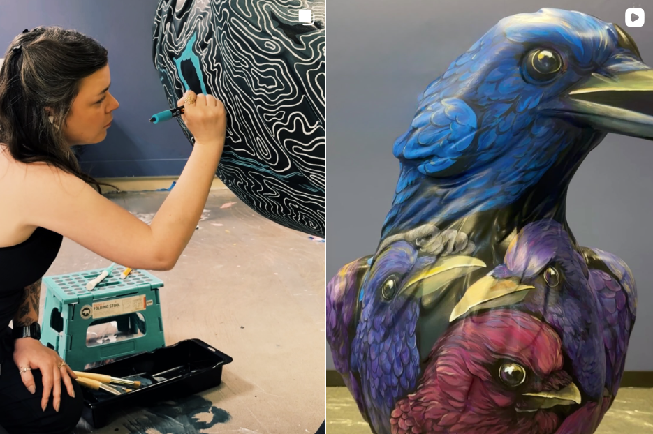an artist paints a crow sculpture; a close up of a colorful painted crow
