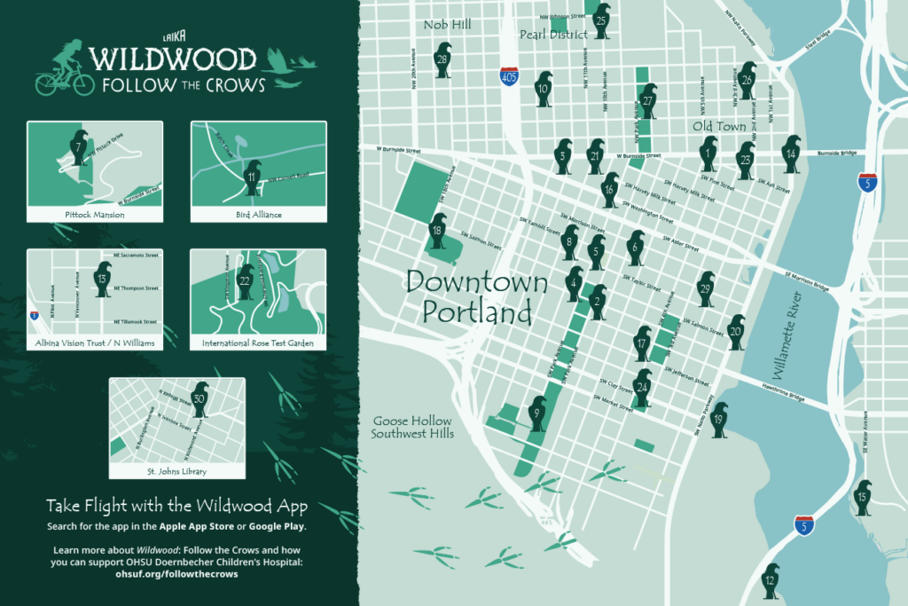 Map of the crow sculptures across Portland