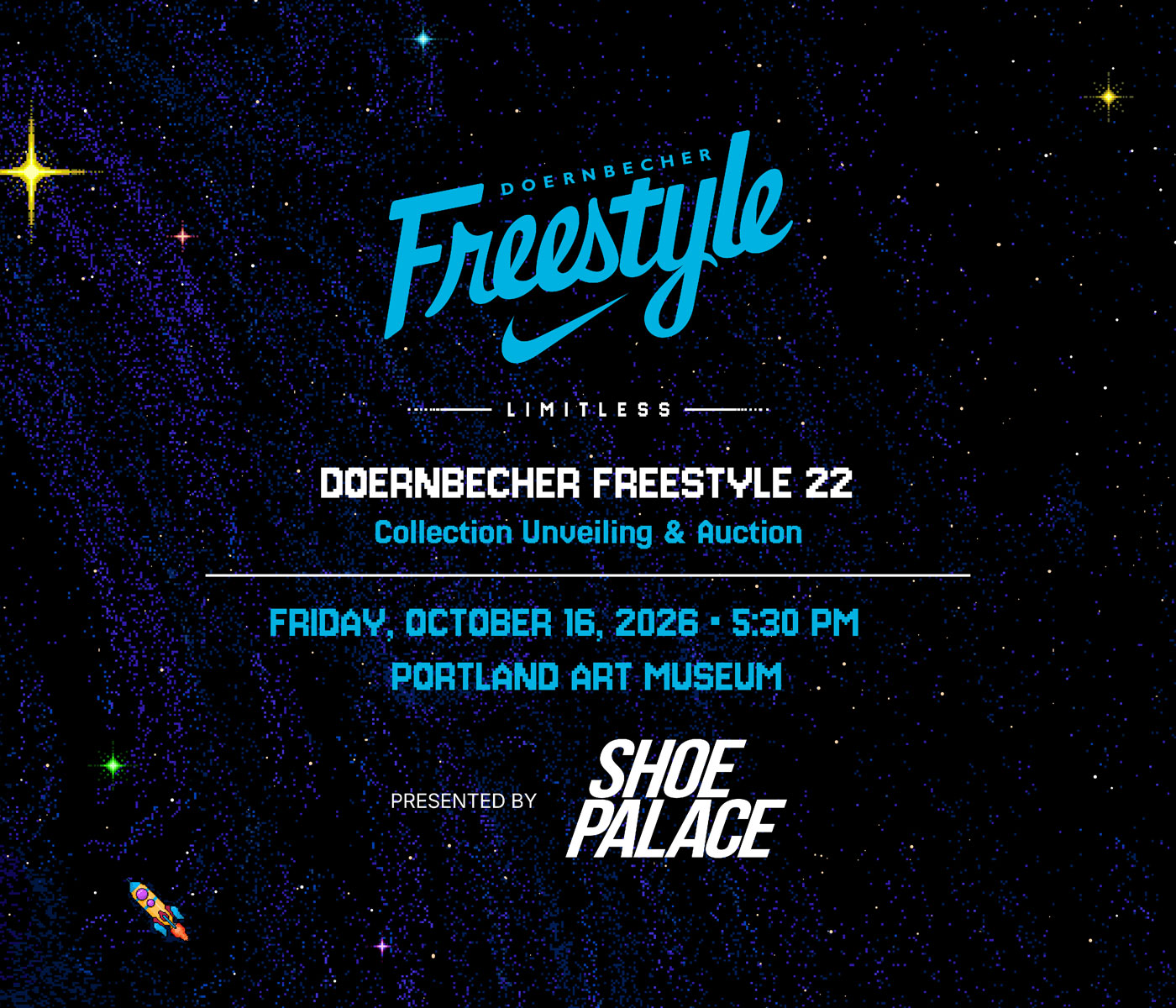 Doernbecher Freestyle "Limitless" retro gaming image of galaxy, stars and rocket