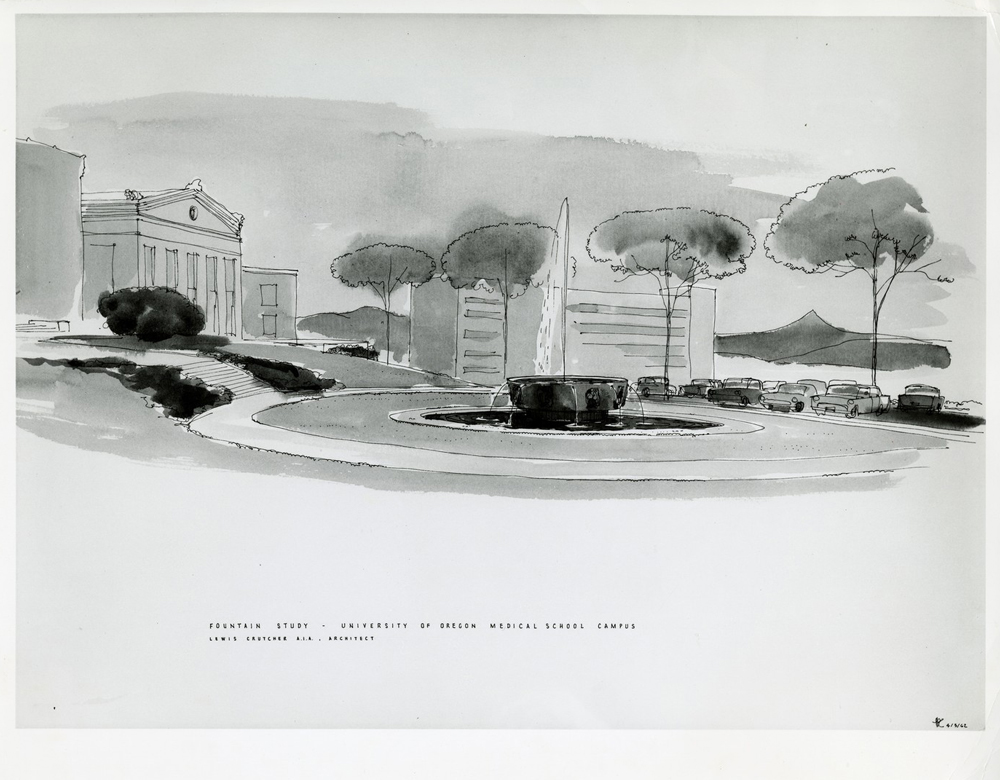 A black and white watercolor and ink sketch of a fountain in a courtyard surrounded by trees and buildings.