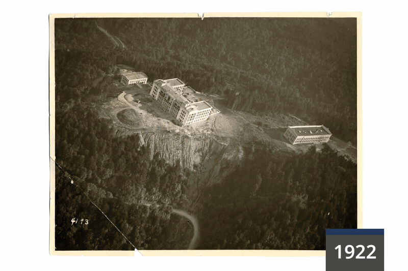 A timelapse of aerial photos showing OHSU's Marquam Hill campus circa 1922, 1940, 1958, 1971, 1992, 2002, 2015 and 2026